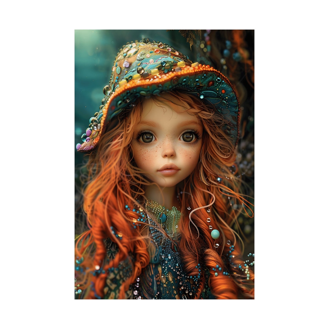 Whimsical Red Haired Doll Girl Bejeweled Hat Portrait Poster - Image 3