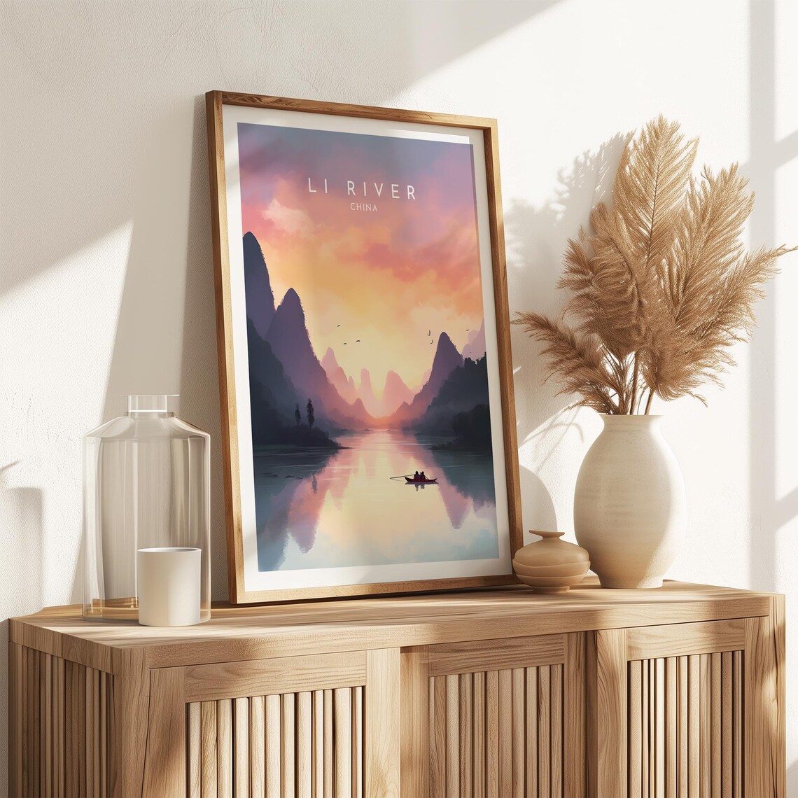 Li River China Sunset Karst Mountains Travel Poster with Lone Boat - Image 2