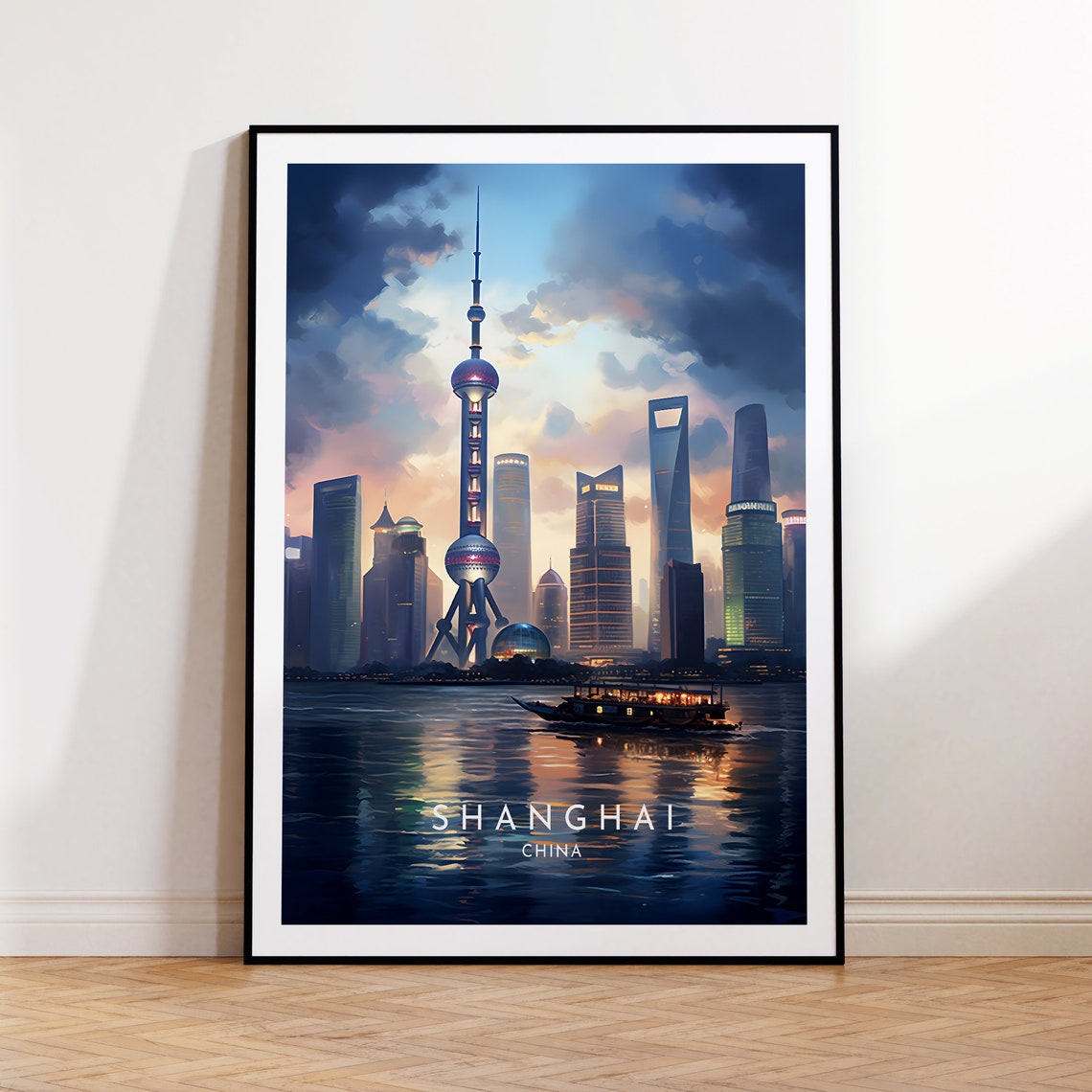 Shanghai China Skyline Oriental Pearl Tower Dusk Travel Poster