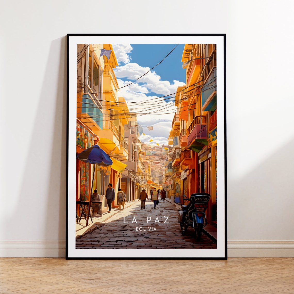 La Paz Bolivia Bustling Cobblestone Market Street Scene Poster