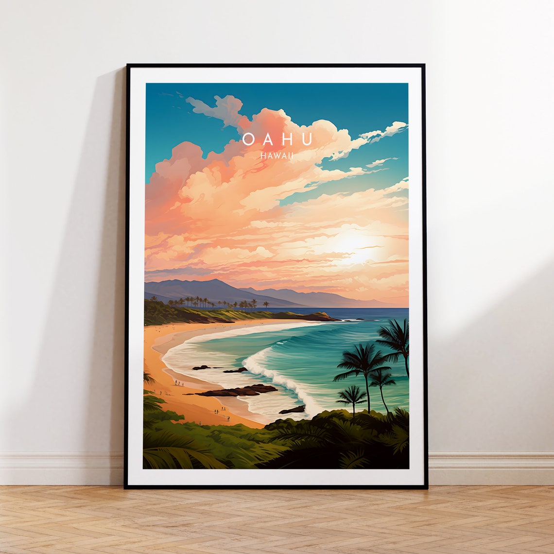 Oahu Hawaii Beach Golden Sunset Palm Trees Ocean Waves Travel Wall Art