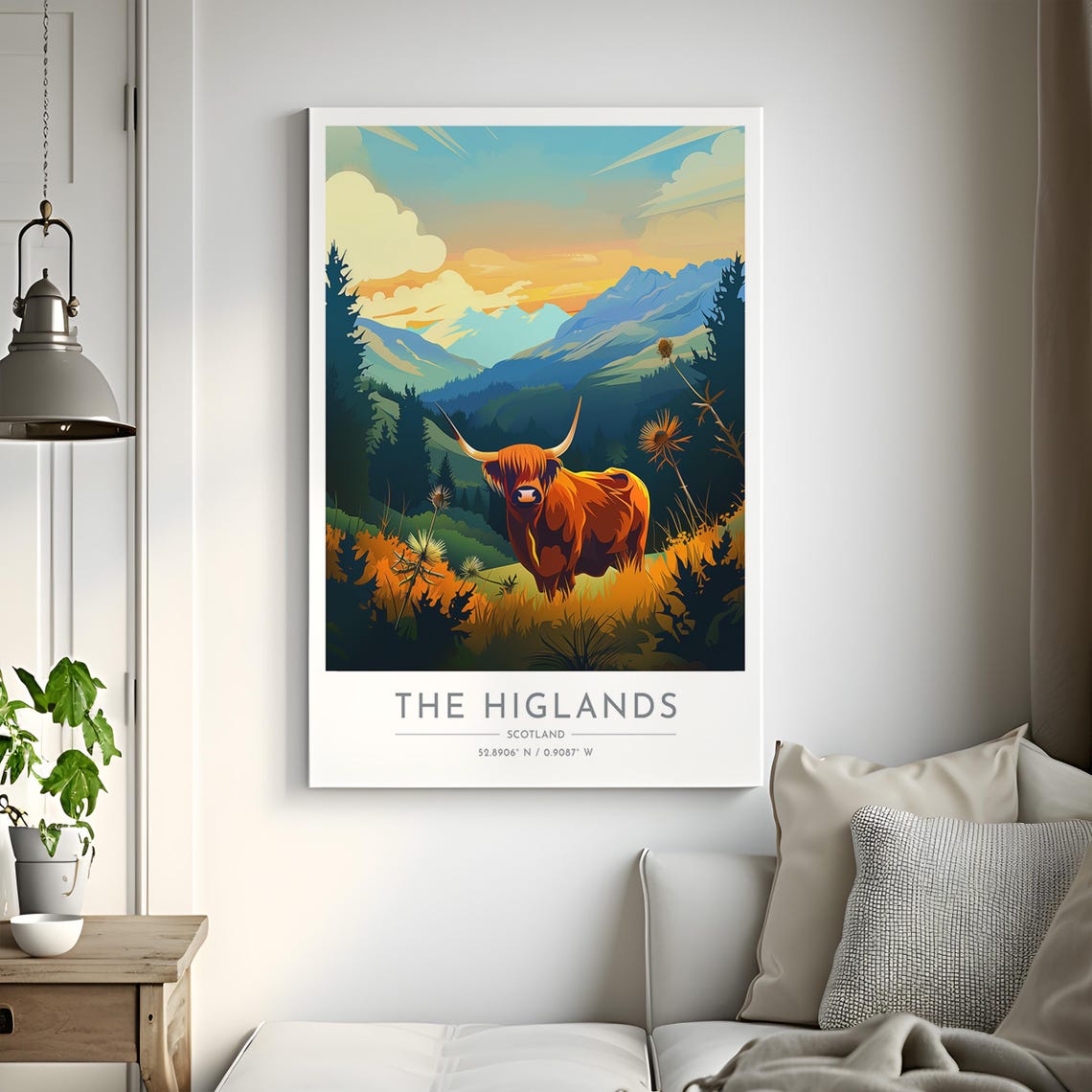 The Highlands Highland Cow Sunset Mountain Thistles Wall Art - Image 2