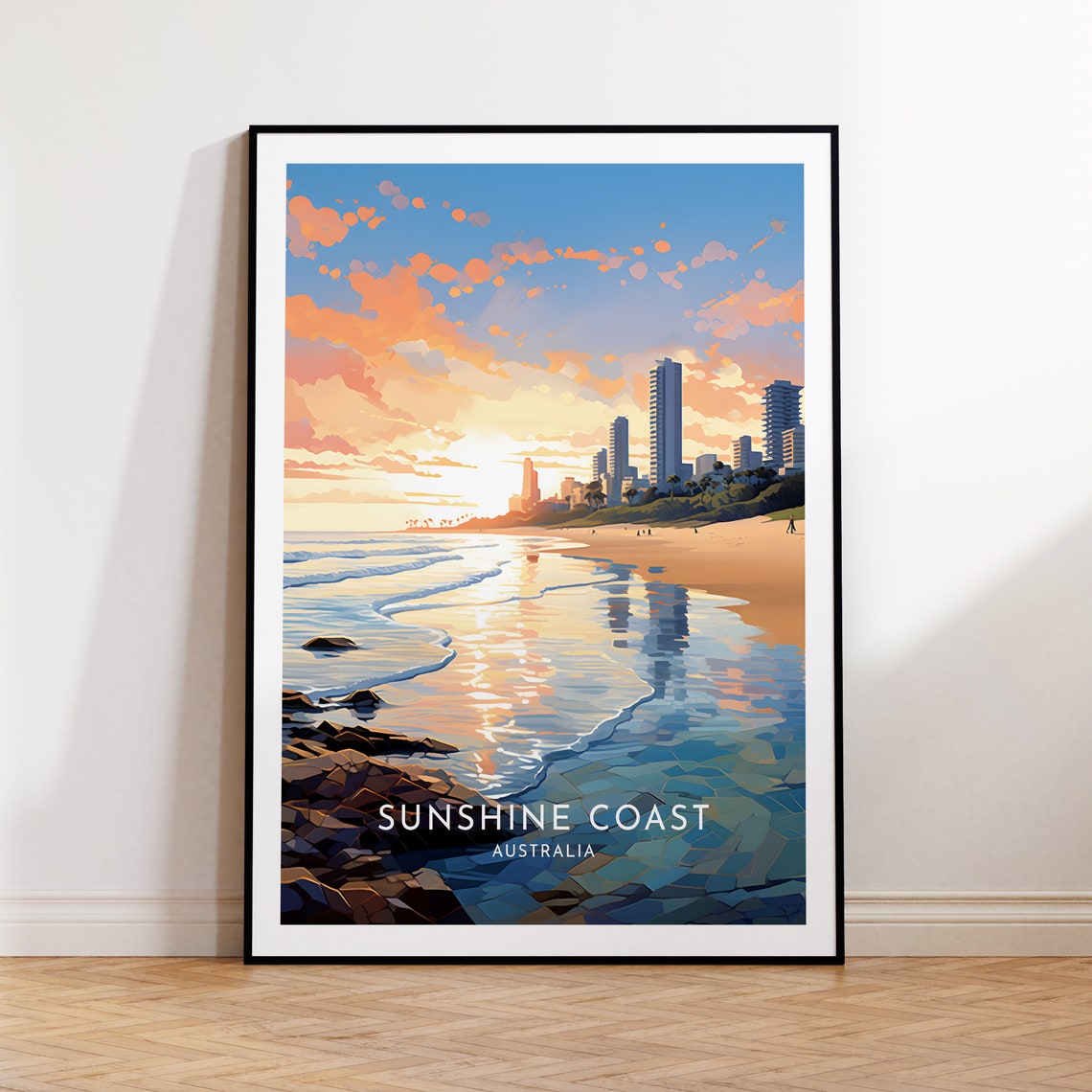 Sunshine Coast Australia Sunrise Beach Golden Skyline Travel Poster