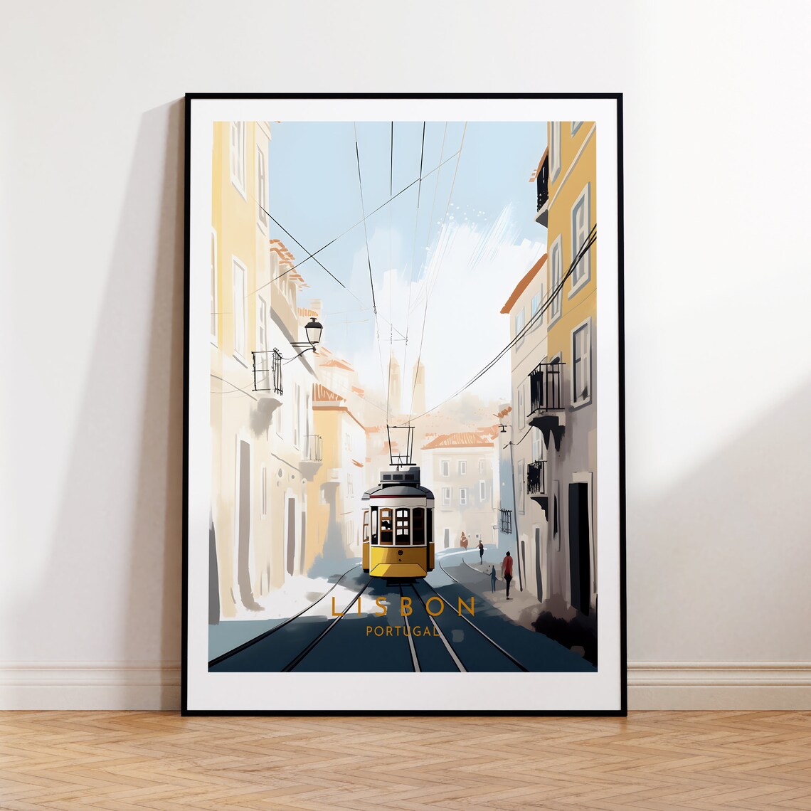 Lisbon Portugal Iconic Yellow Tram Historic Sunlit Street Poster