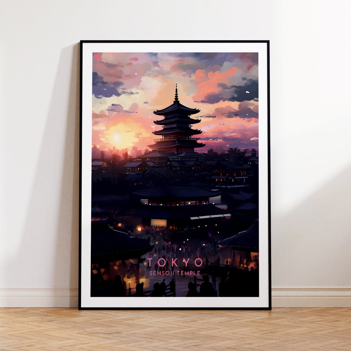 Tokyo Sensoji Temple Sunset Japan Travel Poster with Pagoda Glow