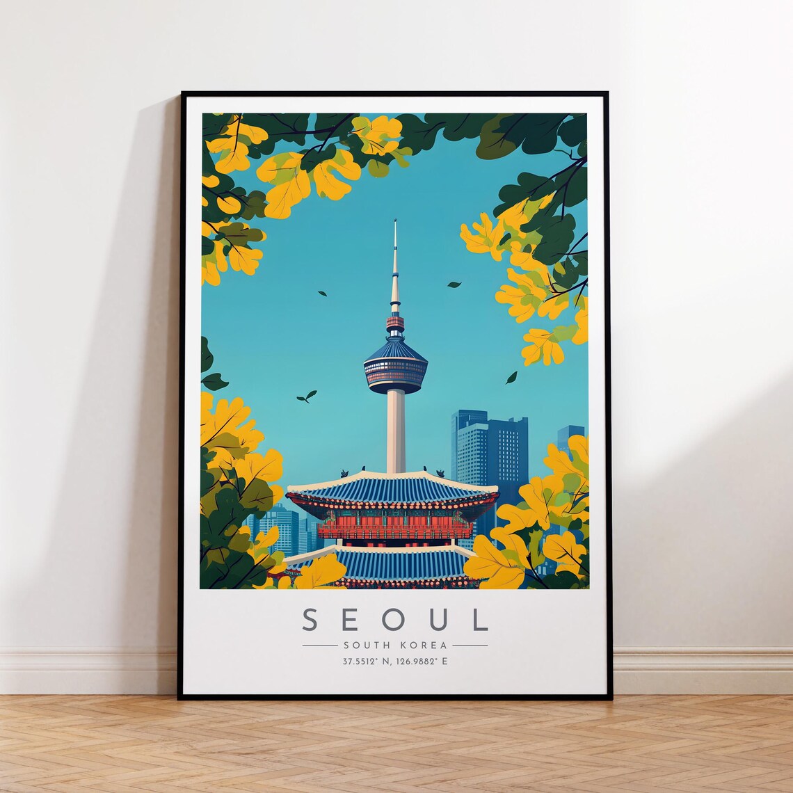 Seoul N Seoul Tower Palace Roof Autumn Gold Korea Travel Poster