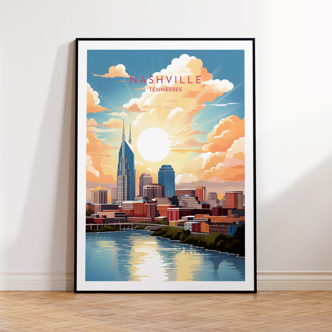 Nashville Tennessee Sunrise Riverfront City Skyline Music Poster