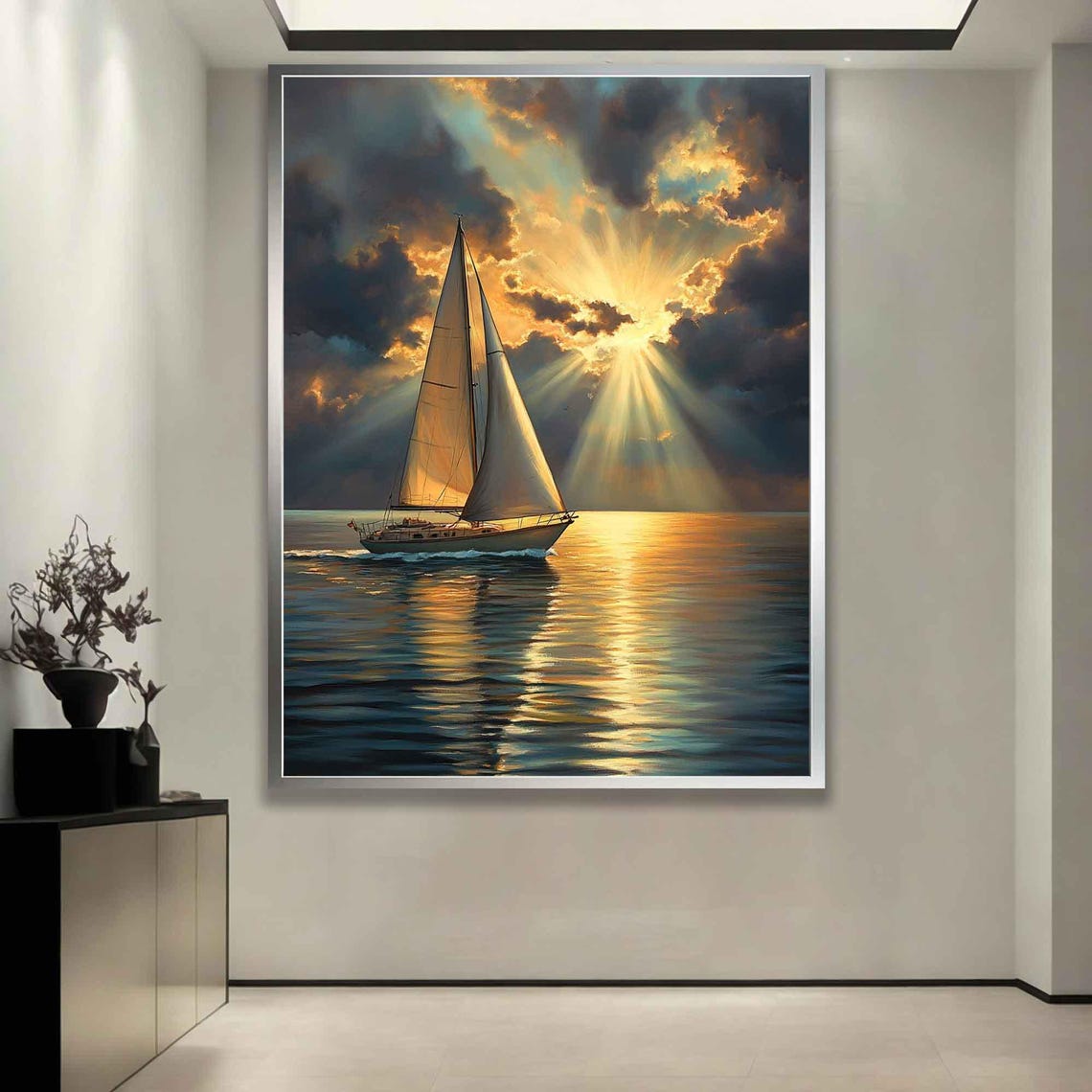Sailboat Sailing Into Golden Sunrise Sunbeams Breaking Clouds Poster - Image 4