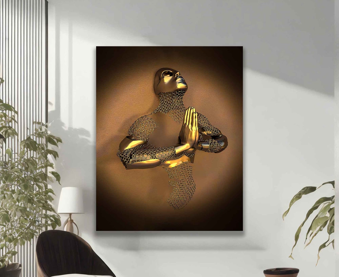 Golden Meditating Figure Chainmail Texture Warm Bronze Zen Art Poster - Image 2