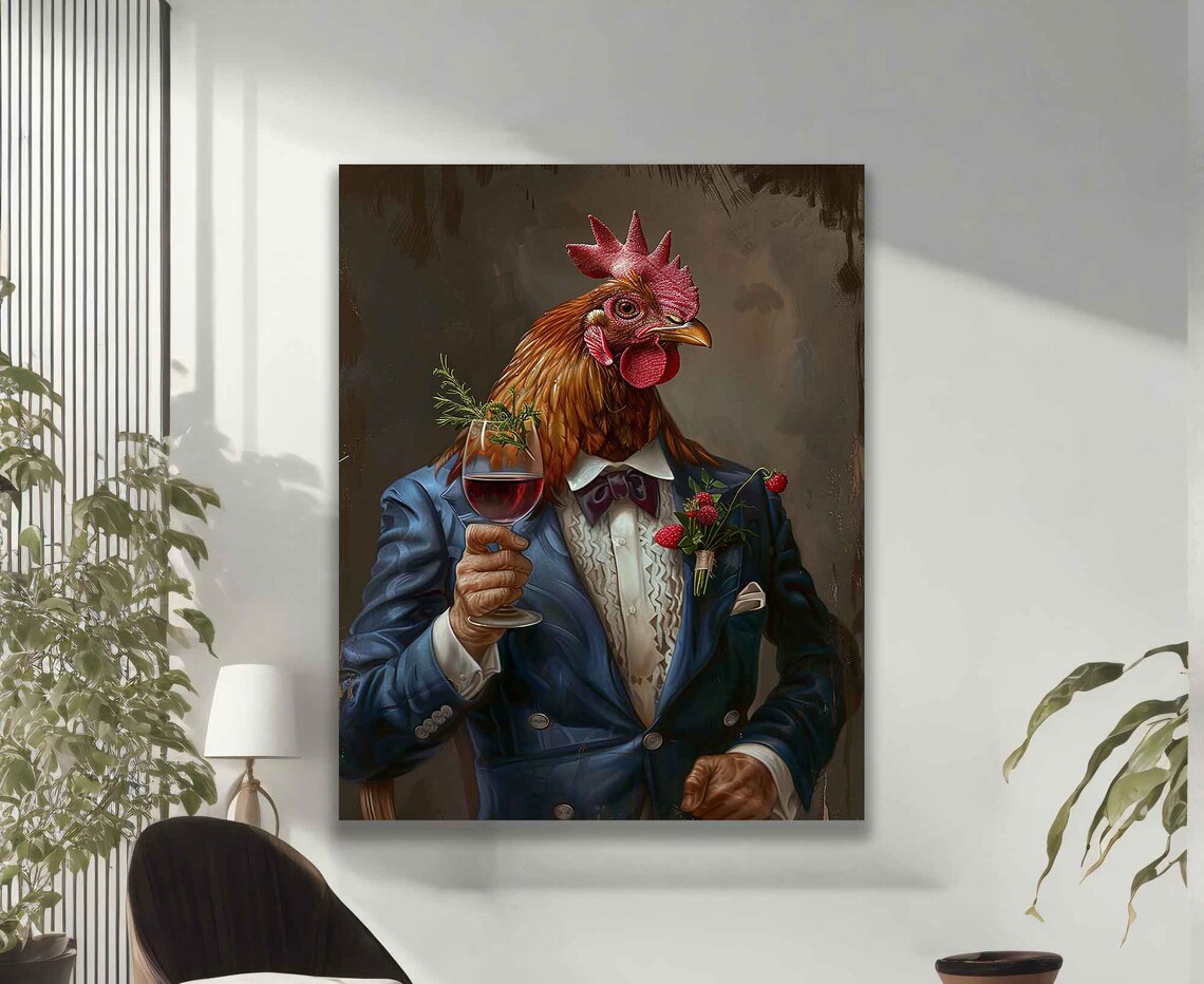 Anthropomorphic Chicken in Blue Suit, Wall Art Print - Image 2