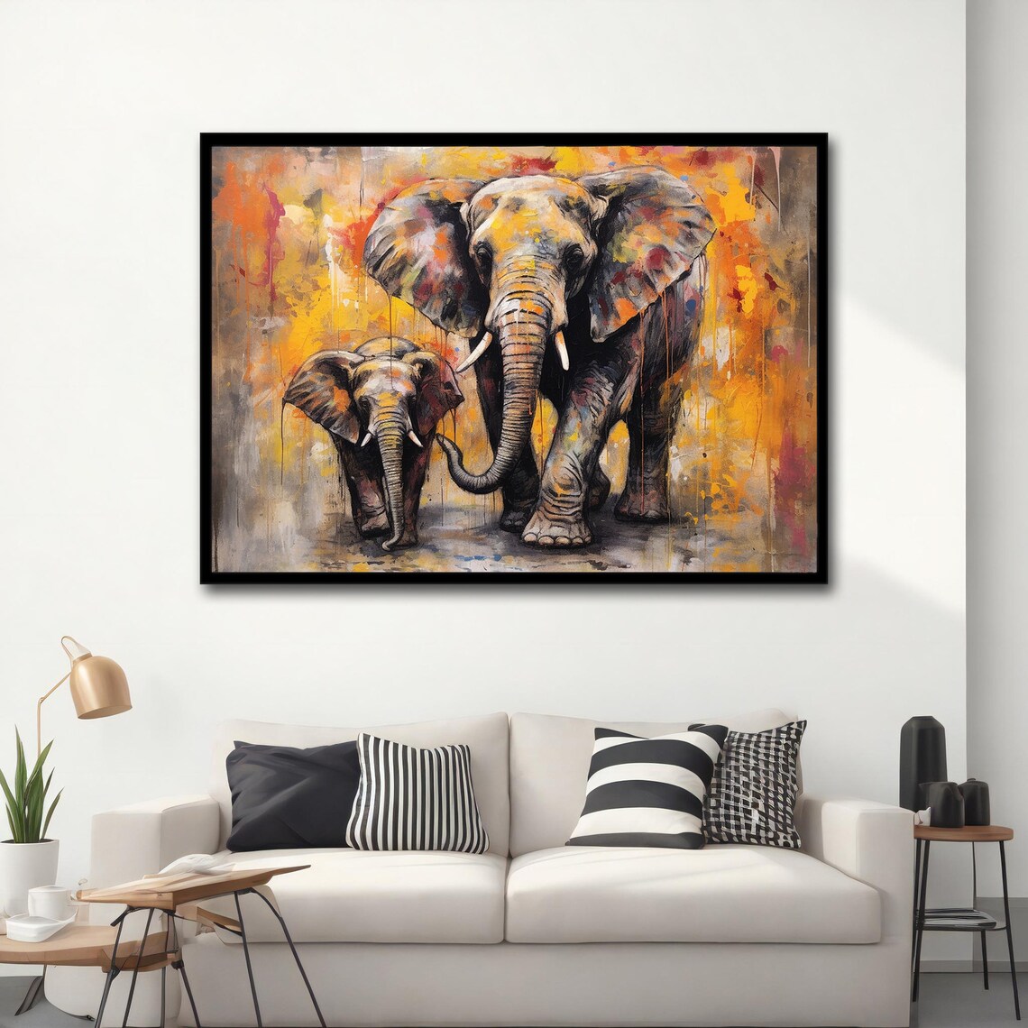 Abstract Elephant Calf Walking Colorful Orange Yellow Oil Painting Poster - Image 4