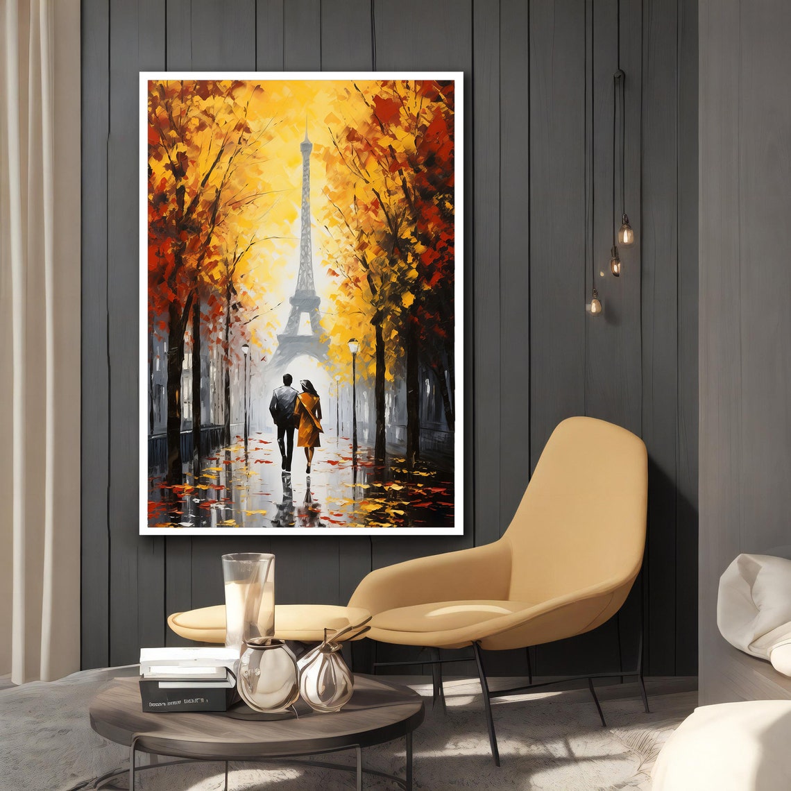 Paris Eiffel Tower Autumn Golden Leaves Romantic Couple Stroll Poster - Image 2