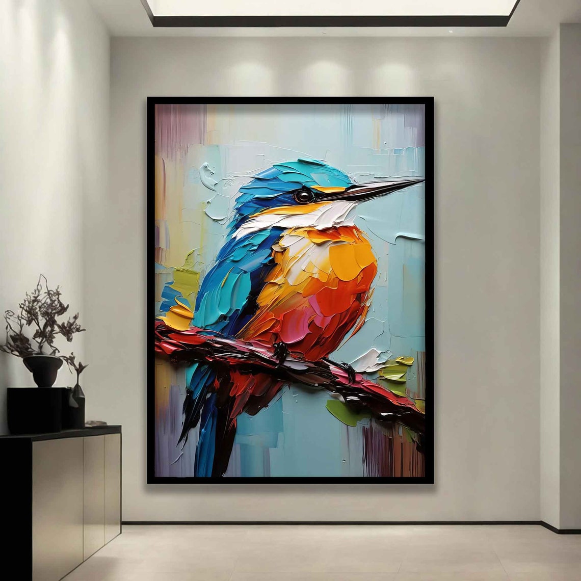 Kingfisher Bird Impasto Paint Blue Orange Branch Art Wall Poster