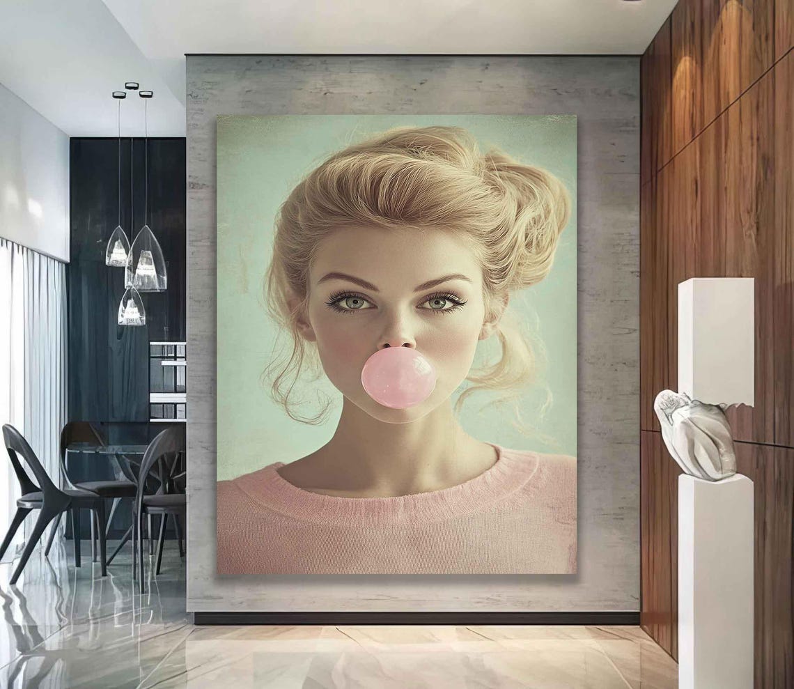 Blonde Woman Blowing Pink Bubble Gum Retro Pop Art Portrait Poster - Image 2