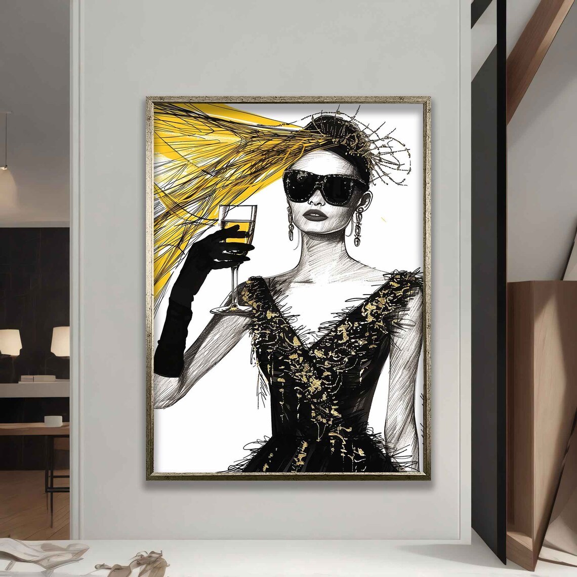 Fashion Sketch Woman Champagne Glamorous Black Gold Elegant Art Poster - Image 5