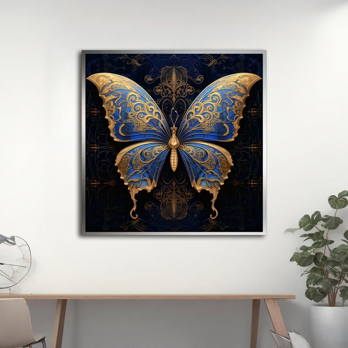 Royal Blue Gold Filigree Butterfly Ornate Dark Navy Elegant Poster - Image 3