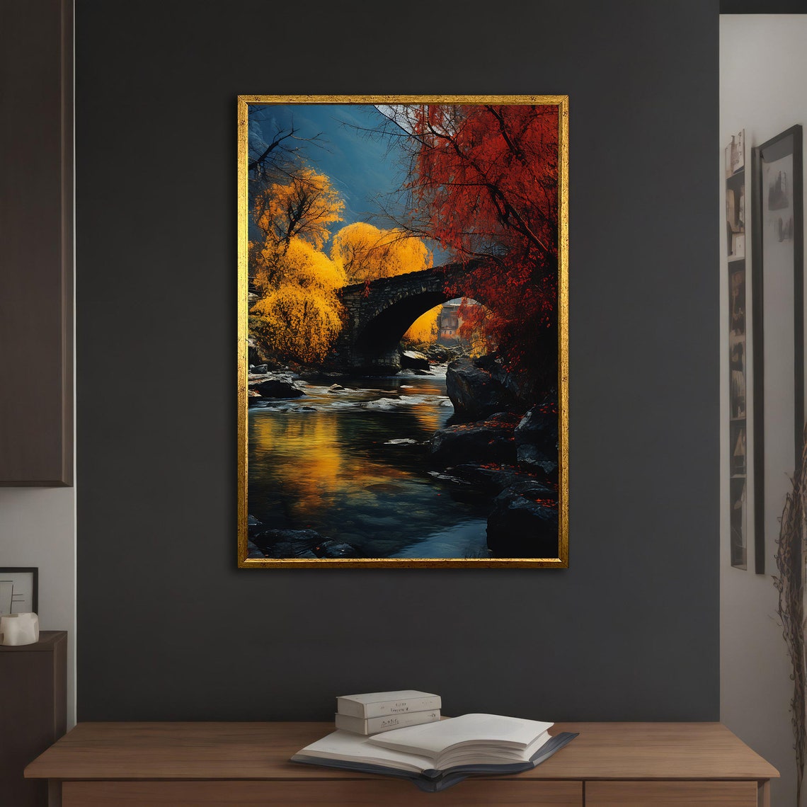 Stone Bridge Autumn River Gold Red Trees Mountain Nature Art Poster - Image 3