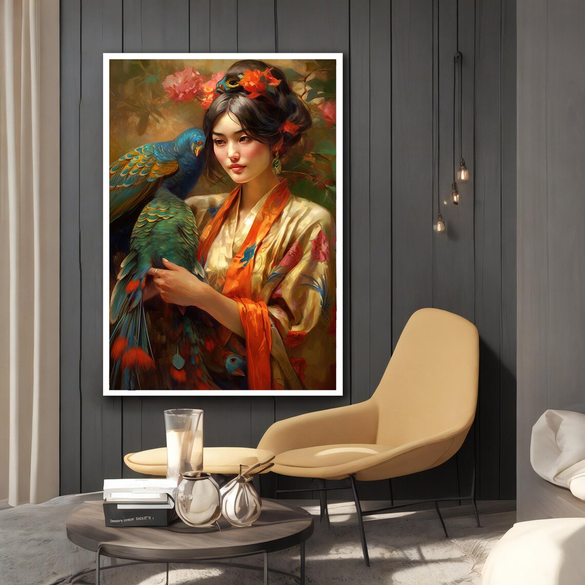 Asian Woman Floral Kimono Parrot Colorful Flowers Traditional Poster - Image 2