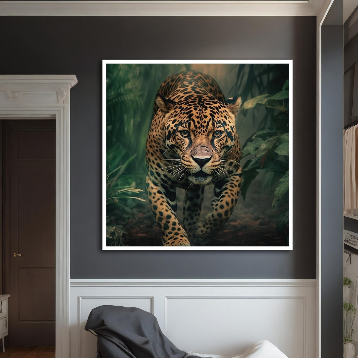 Majestic Jaguar Emerging From Misty Green Jungle Foliage Art Poster - Image 4