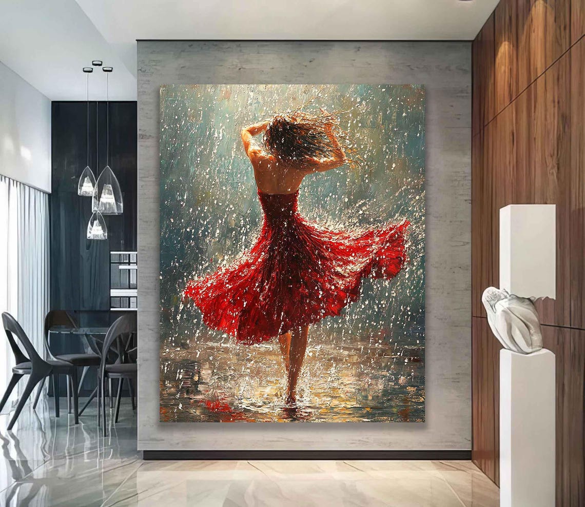 Woman In Red Dress Dancing In Rain Splashing Water Romantic Art Print - Image 2