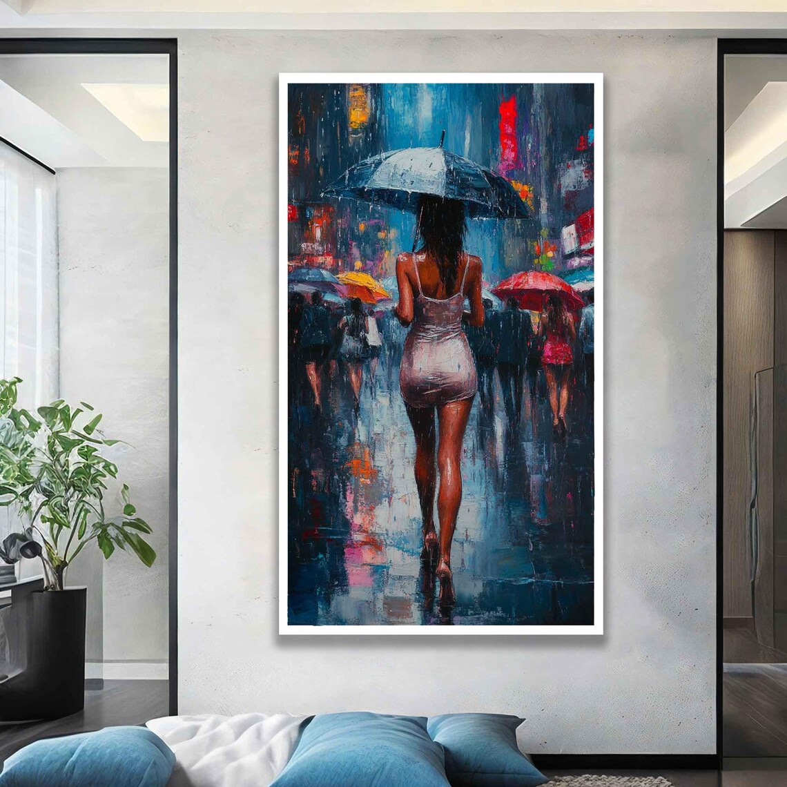 Woman With Umbrella In Rainy City Night Neon Lights Art Poster - Image 4