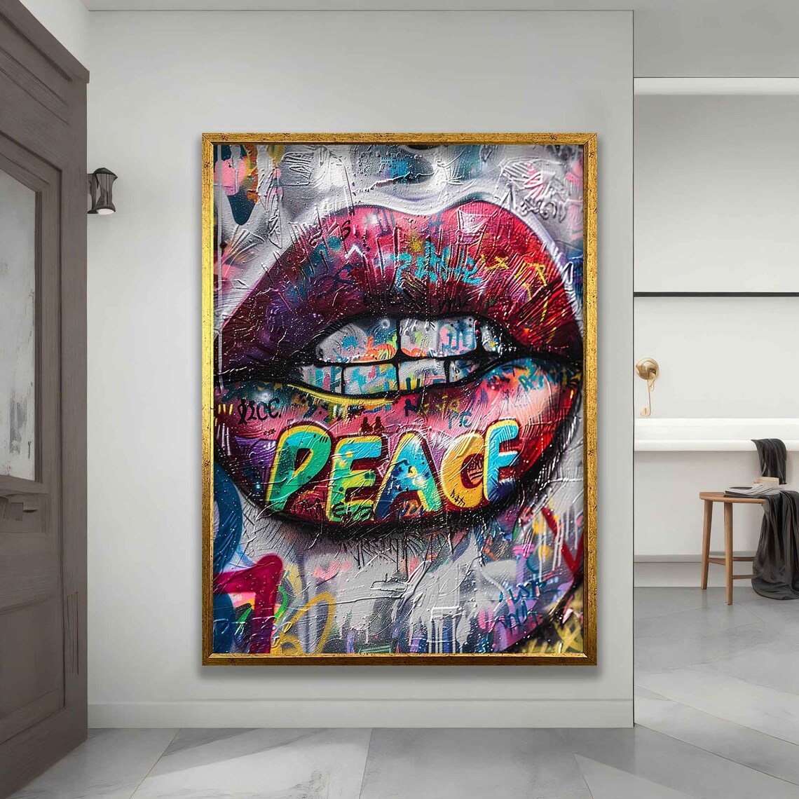 Graffiti Lip With Peace Writing, Street Art