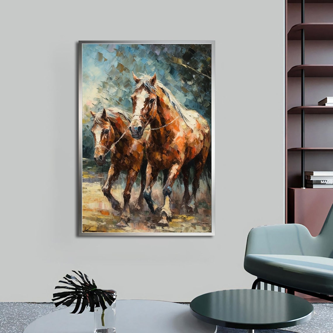 Two Chestnut Horses Running Wild Palette Knife Painting Poster - Image 4
