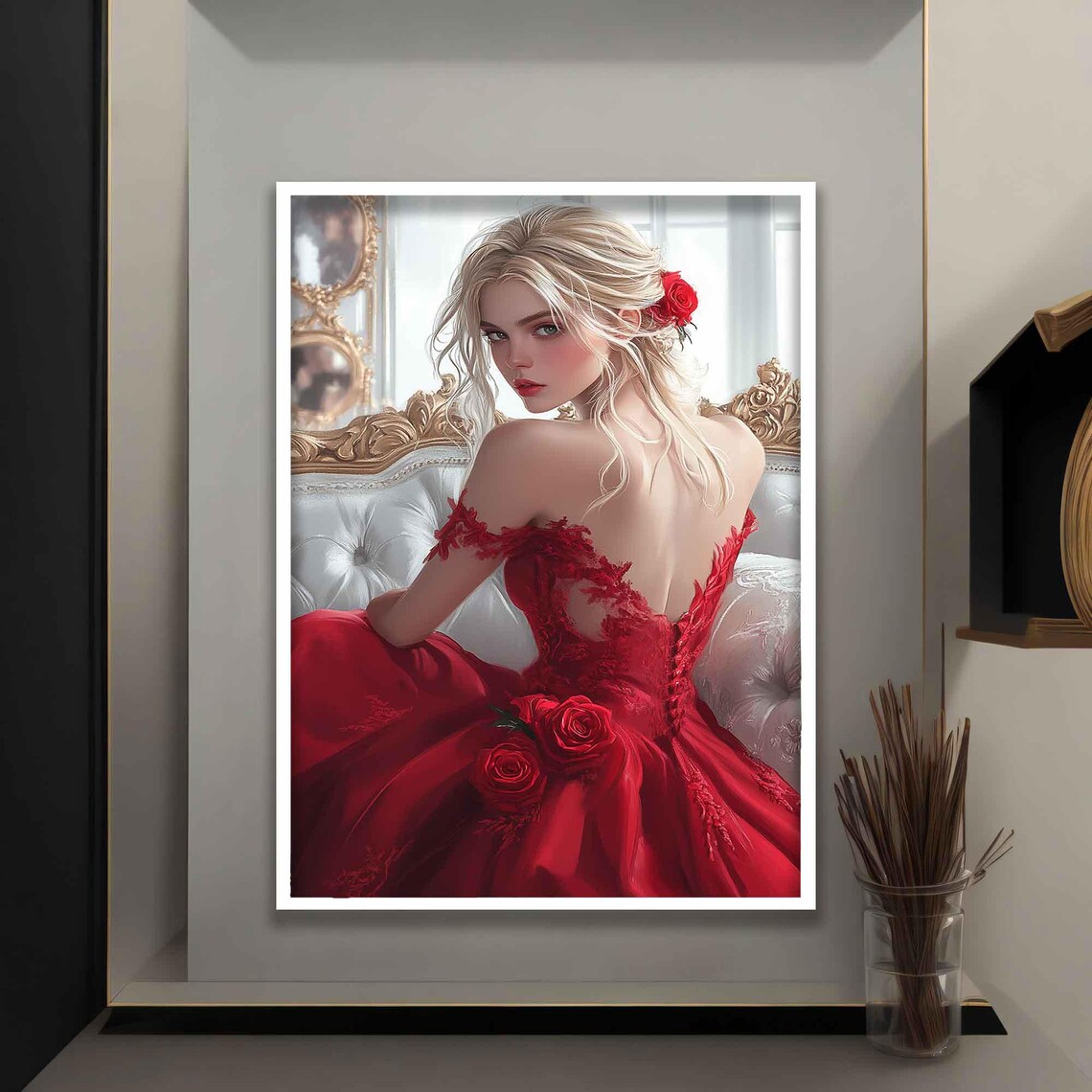 Blonde Beauty Red Lace Gown Roses Elegant Boudoir Portrait Art Print Poster - Image 4