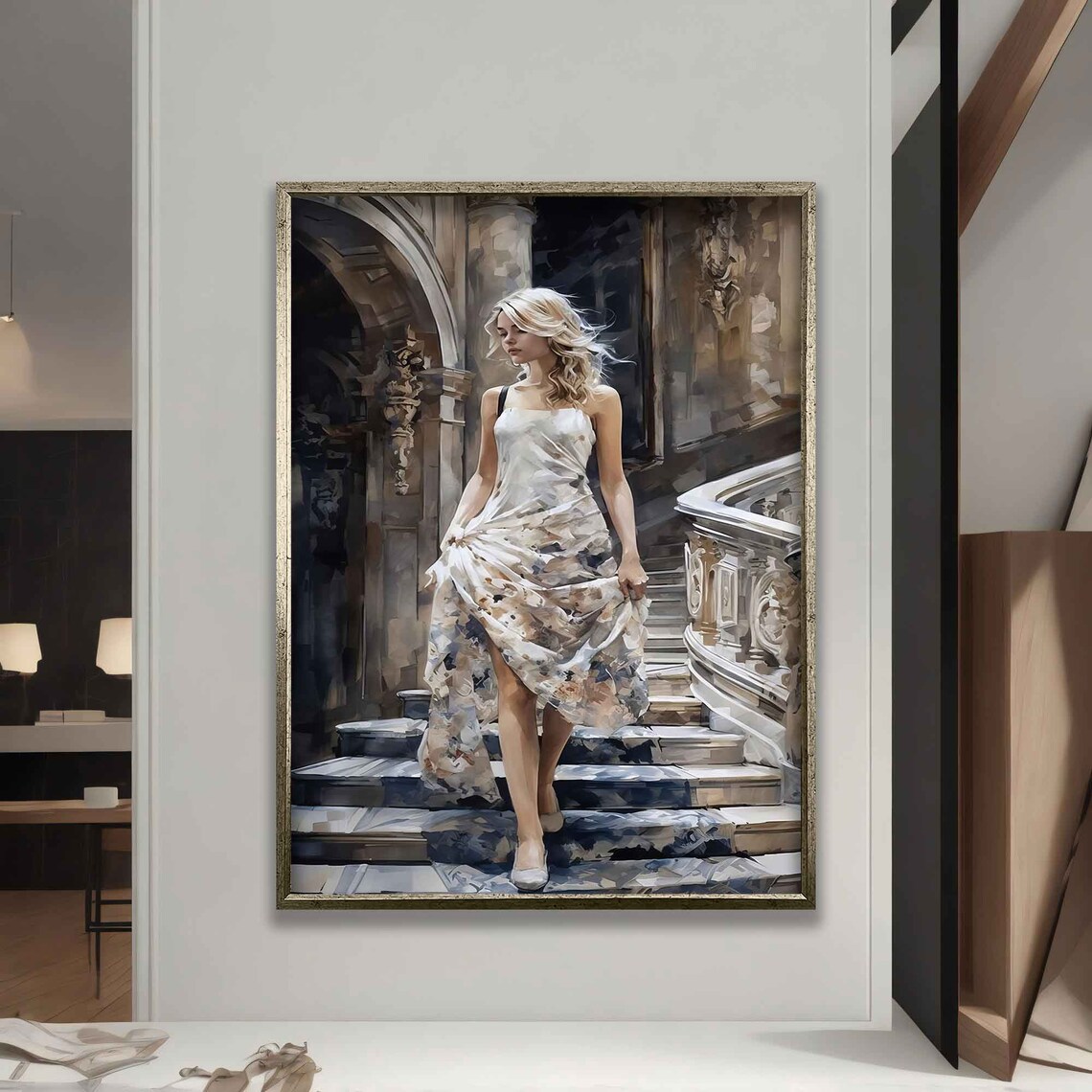 Blonde Woman in White Dress Descending Grand Staircase Art Poster - Image 5