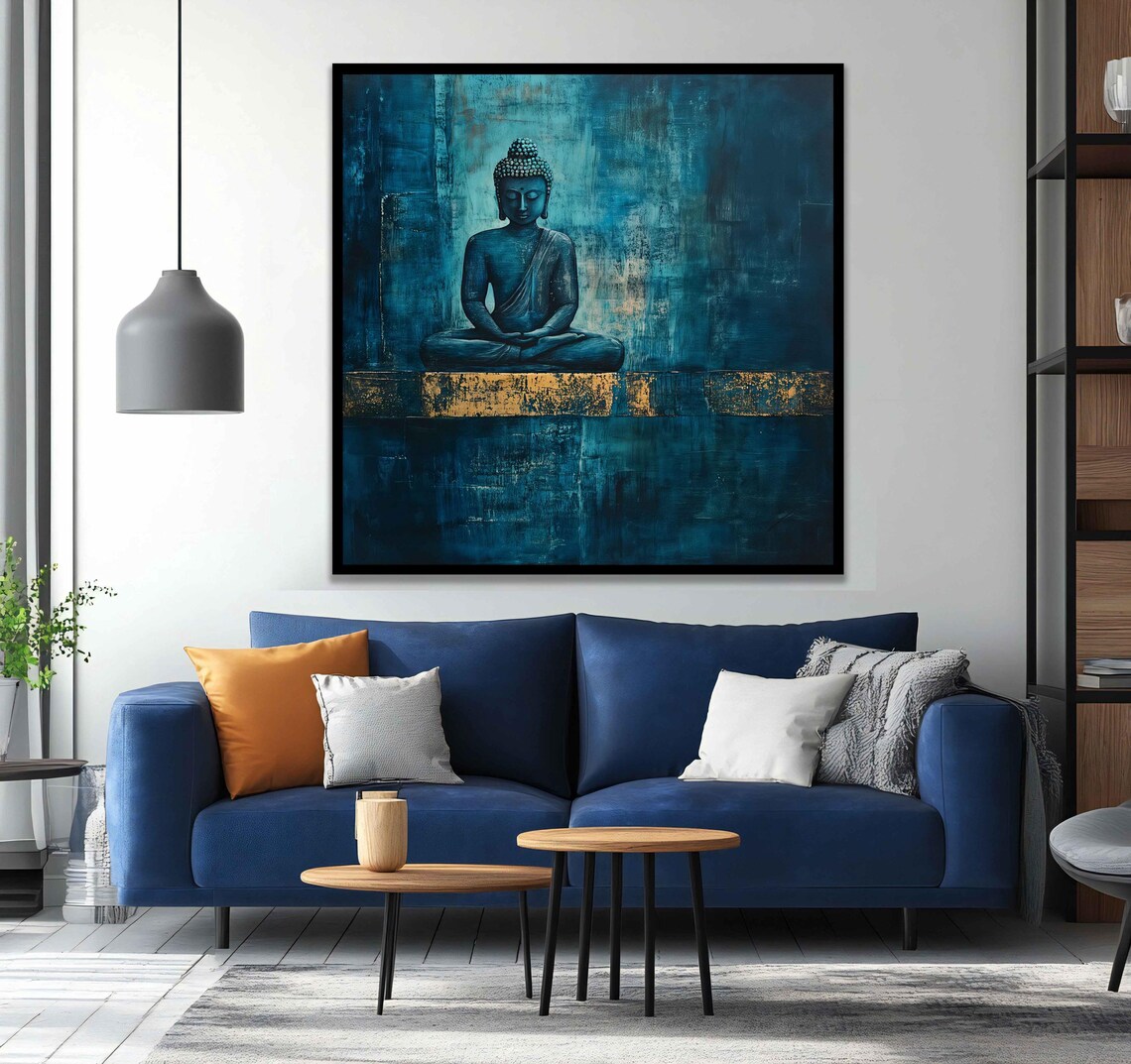 Blue Buddha Meditating Painting Teal Gold Abstract Zen Buddhist Wall Poster - Image 5