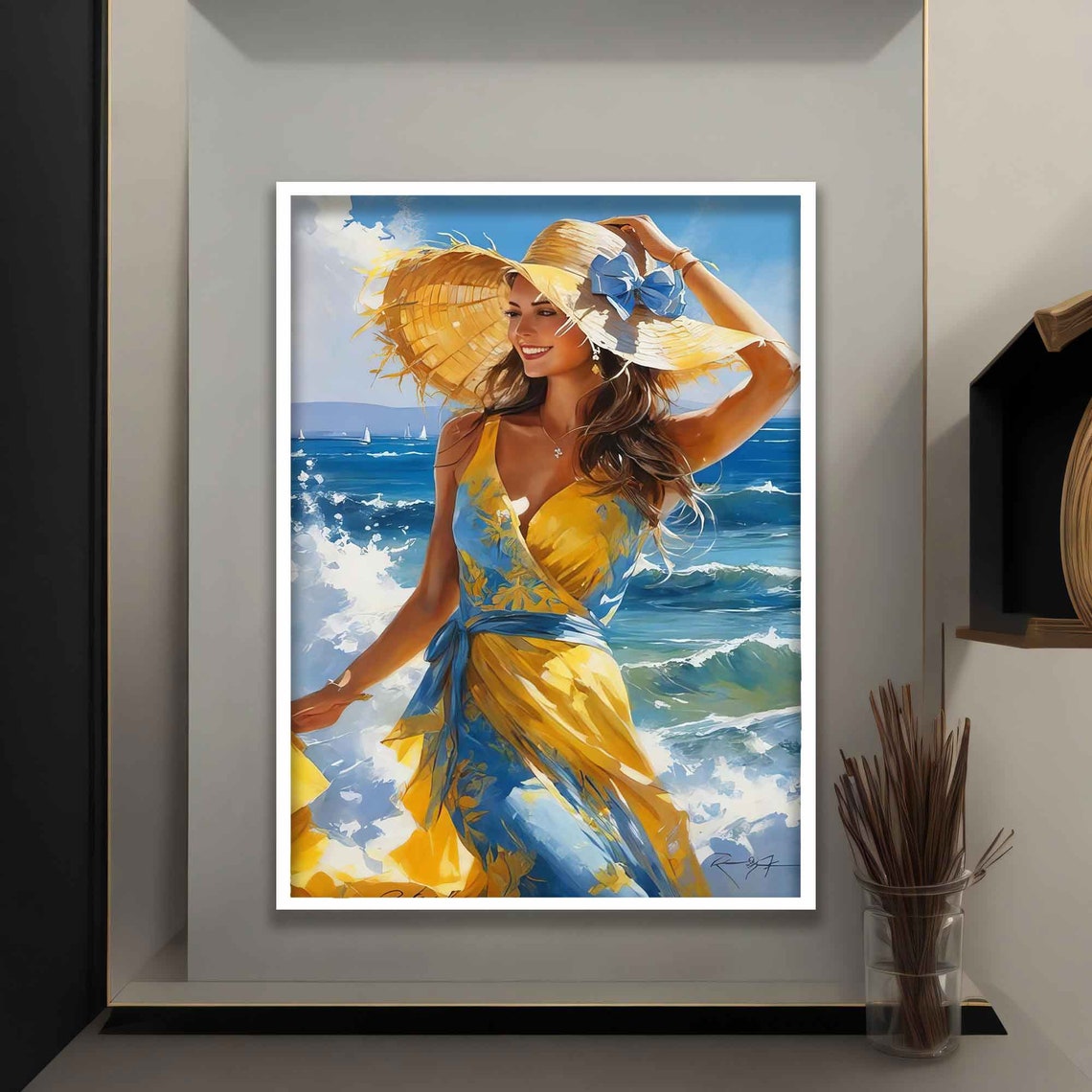 Beautiful Woman On The Beach Print Woman With Hat Landscape Art Beautiful Woman Art Girl On The Beach Poster - Image 4