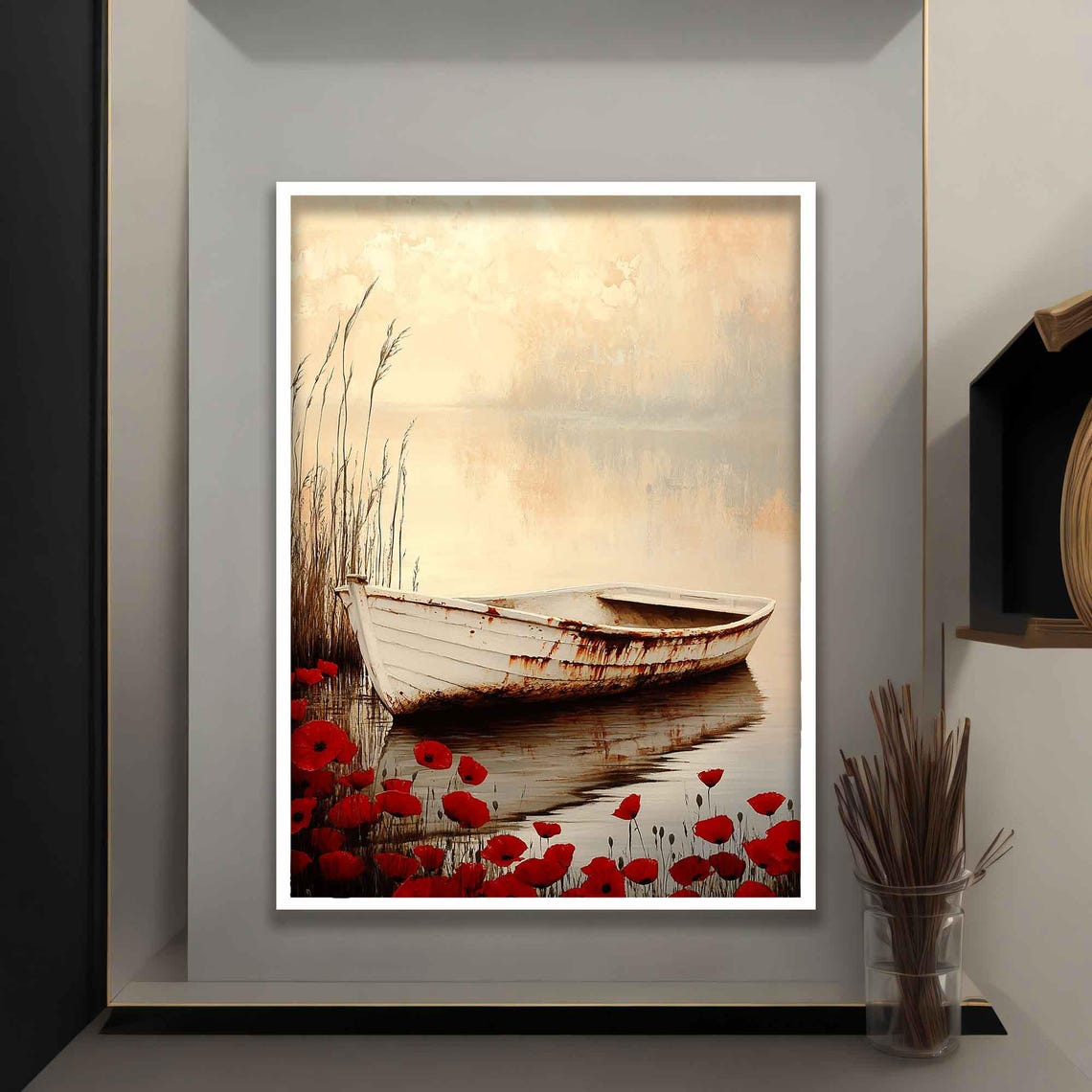 White Rowboat With Red Poppies Misty Lake Watercolor Serene Poster - Image 4