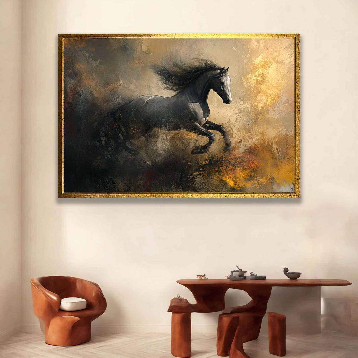 Black Horse Galloping Through Golden Smoke Dramatic Dark Art Poster - Image 3
