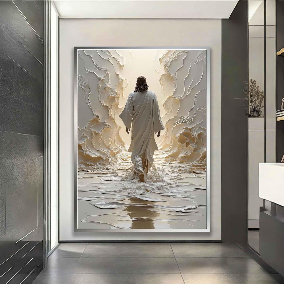 Jesus Walking Through Parted Waters White Relief Spiritual Art Print - Image 2
