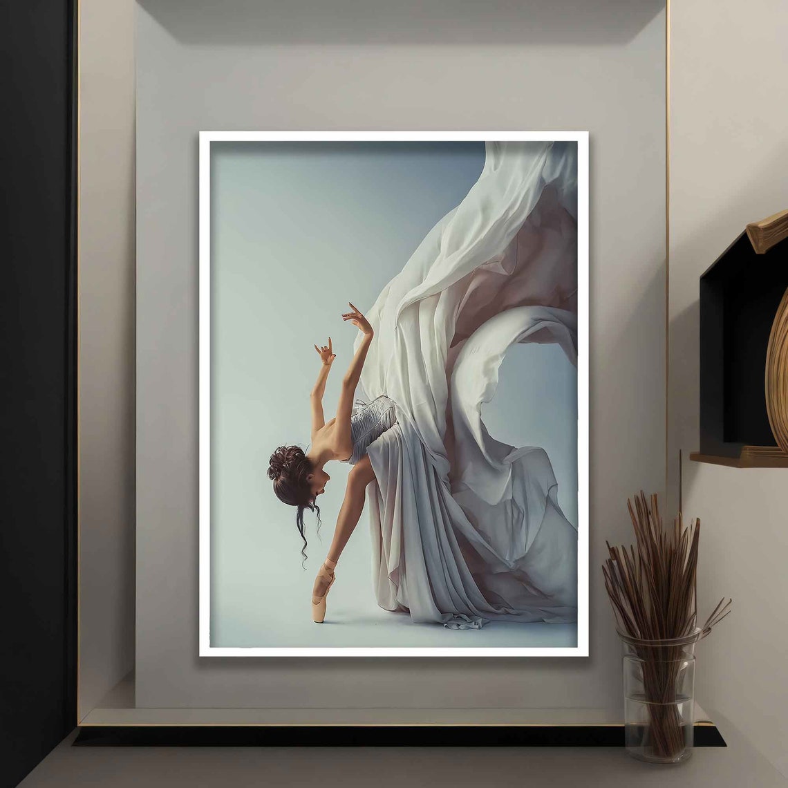 Ballerina en Pointe with Flowing White Fabric Dance Art Poster - Image 5