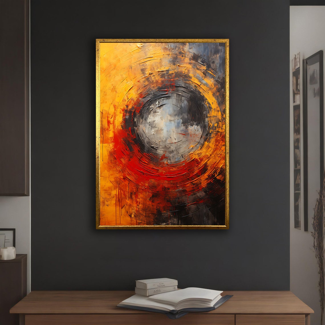 Fiery Abstract Swirl Circle Yellow Orange Red Textured Wall Art - Image 3