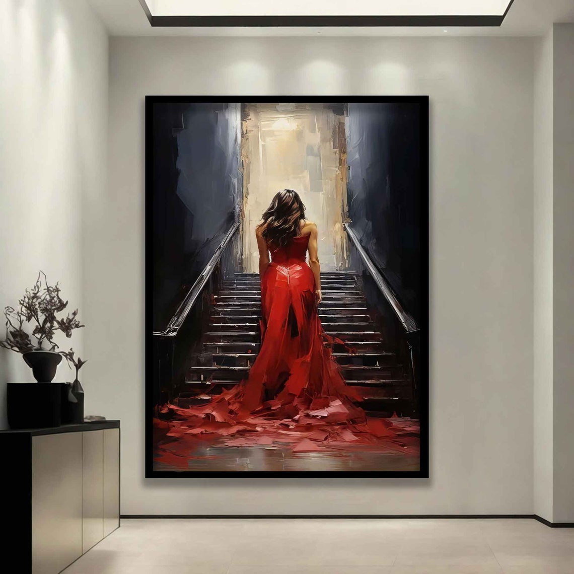 Woman In Red Dress Beautiful Woman Walking On The Stairs Wall Art Woman Poster Red Dress Print Woman Poster - Image 3