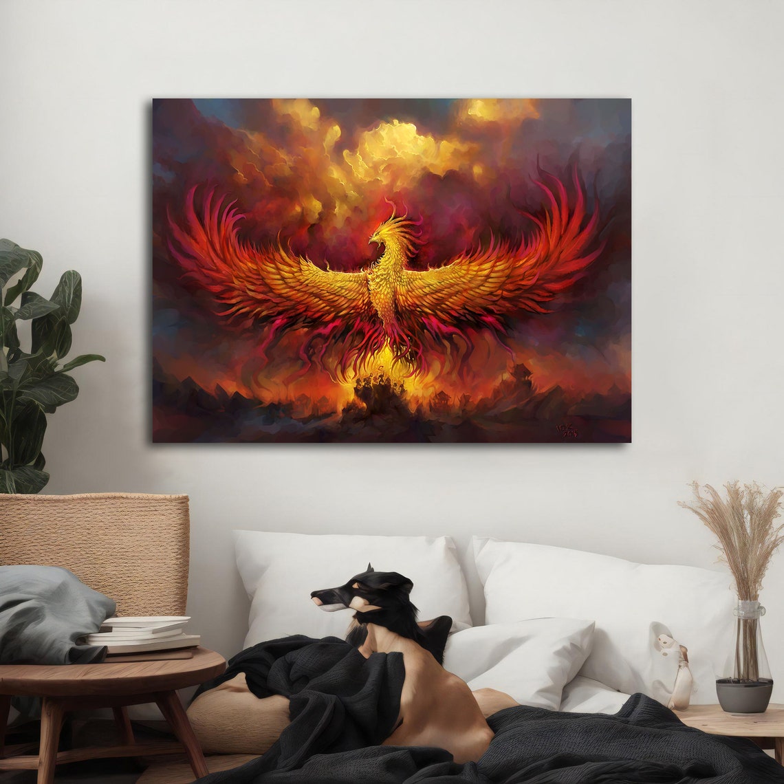 Golden Phoenix Rising Fiery Red Orange Storm Clouds Fantasy Poster - Image 3