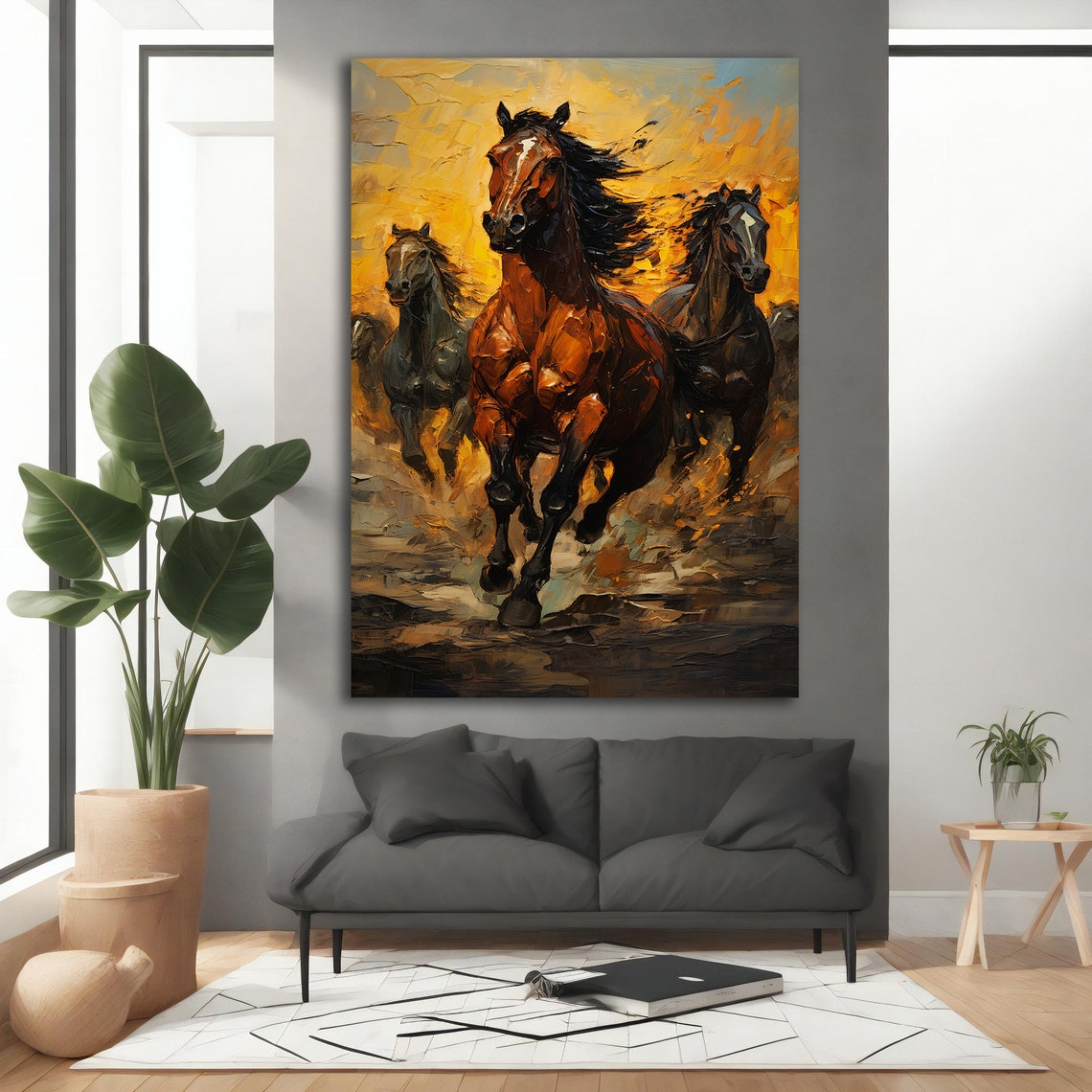 Three Horses Galloping Golden Fiery Sky Dramatic Oil Art Poster - Image 2