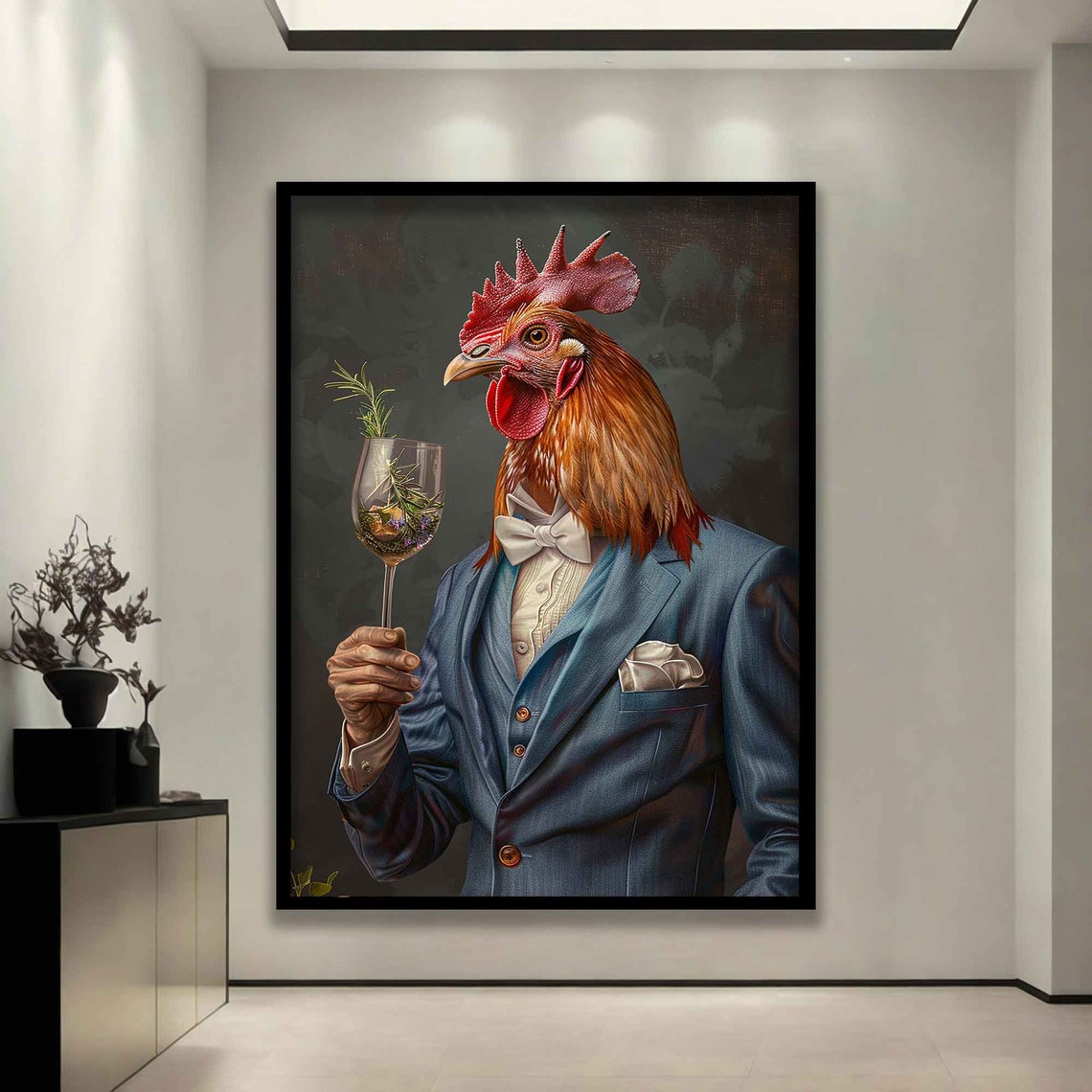 Dapper Rooster Blue Suit Bow Tie Holding Wine Glass Whimsical Poster