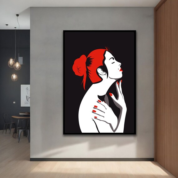 Bold Red Hair Woman Pop Art Portrait Black Background Wall Poster