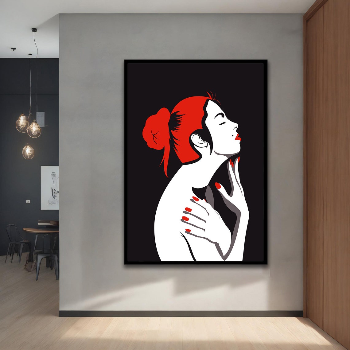 Bold Red Hair Woman Pop Art Portrait Black Background Wall Poster