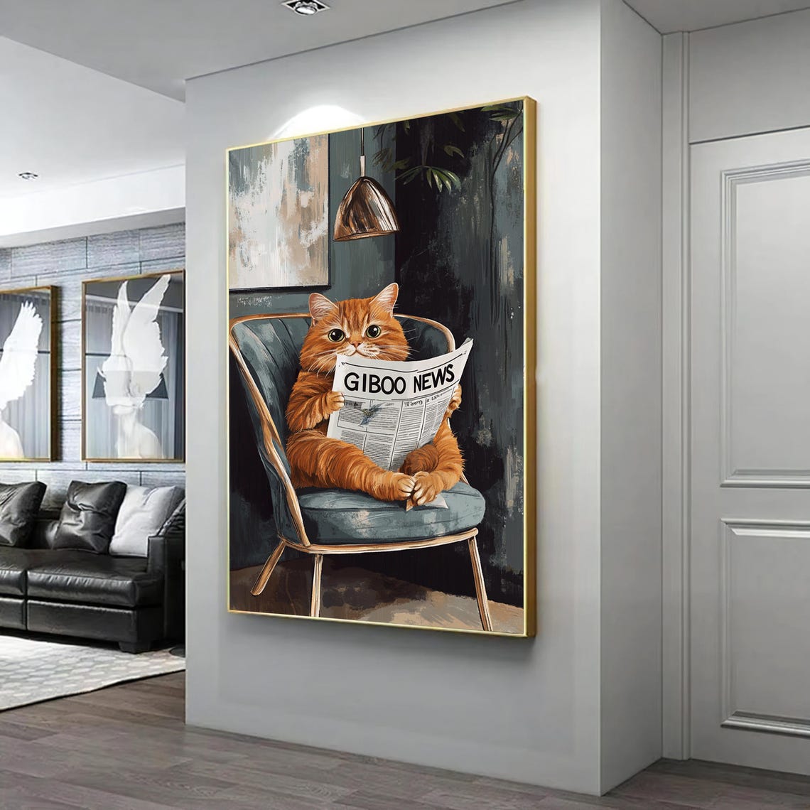 Orange Cat Reading Newspaper In Armchair Cozy Funny Animal Art Poster