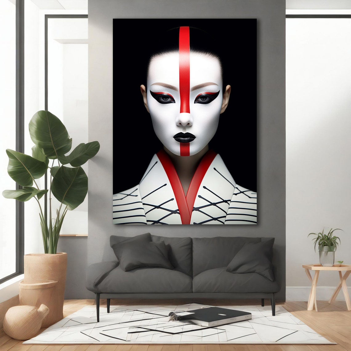 Geisha Kabuki Mask Bold Red Stripe White Face Dramatic Art Poster - Image 3