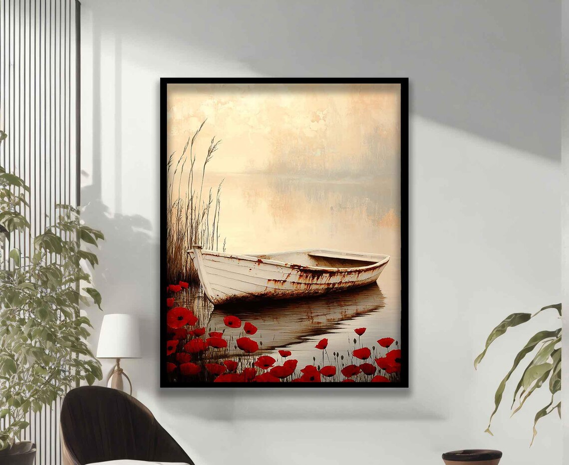 White Rowboat With Red Poppies Misty Lake Watercolor Serene Poster - Image 3