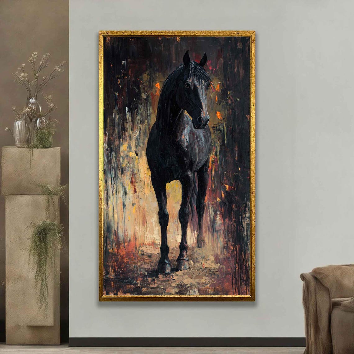 Black Horse Standing Front In Dark Abstract Golden Texture Art Poster - Image 2