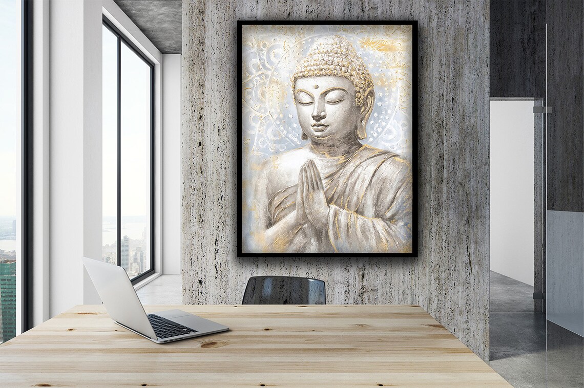 White Gold Buddha Praying Hands Serene Meditation Peaceful Wall Art Poster - Image 2