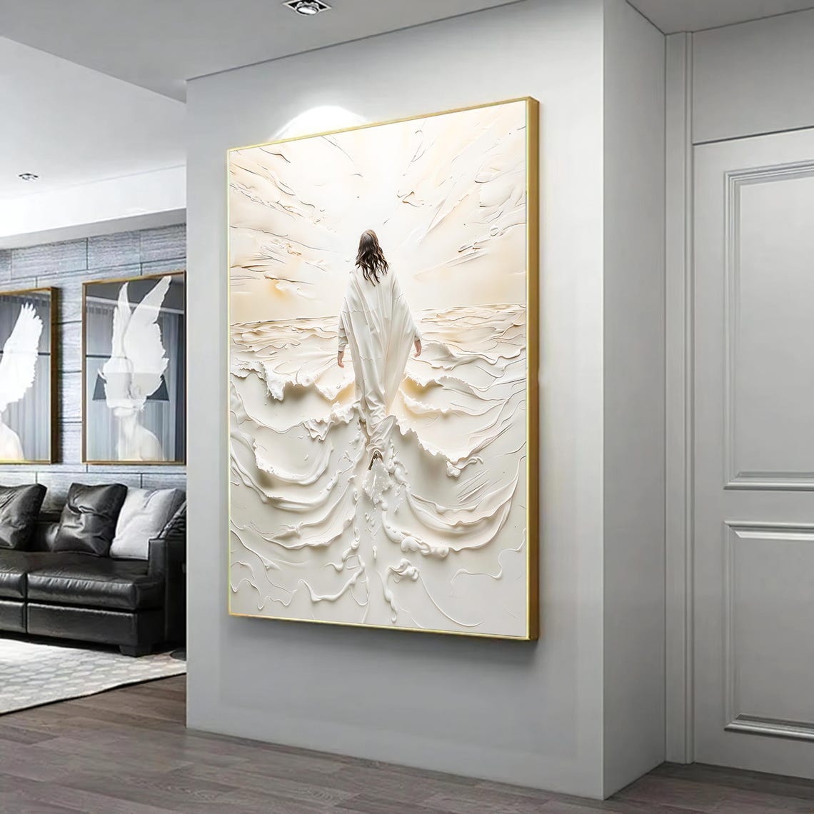 Jesus Walking On Water White 3D Relief Peaceful Waves Spiritual Print