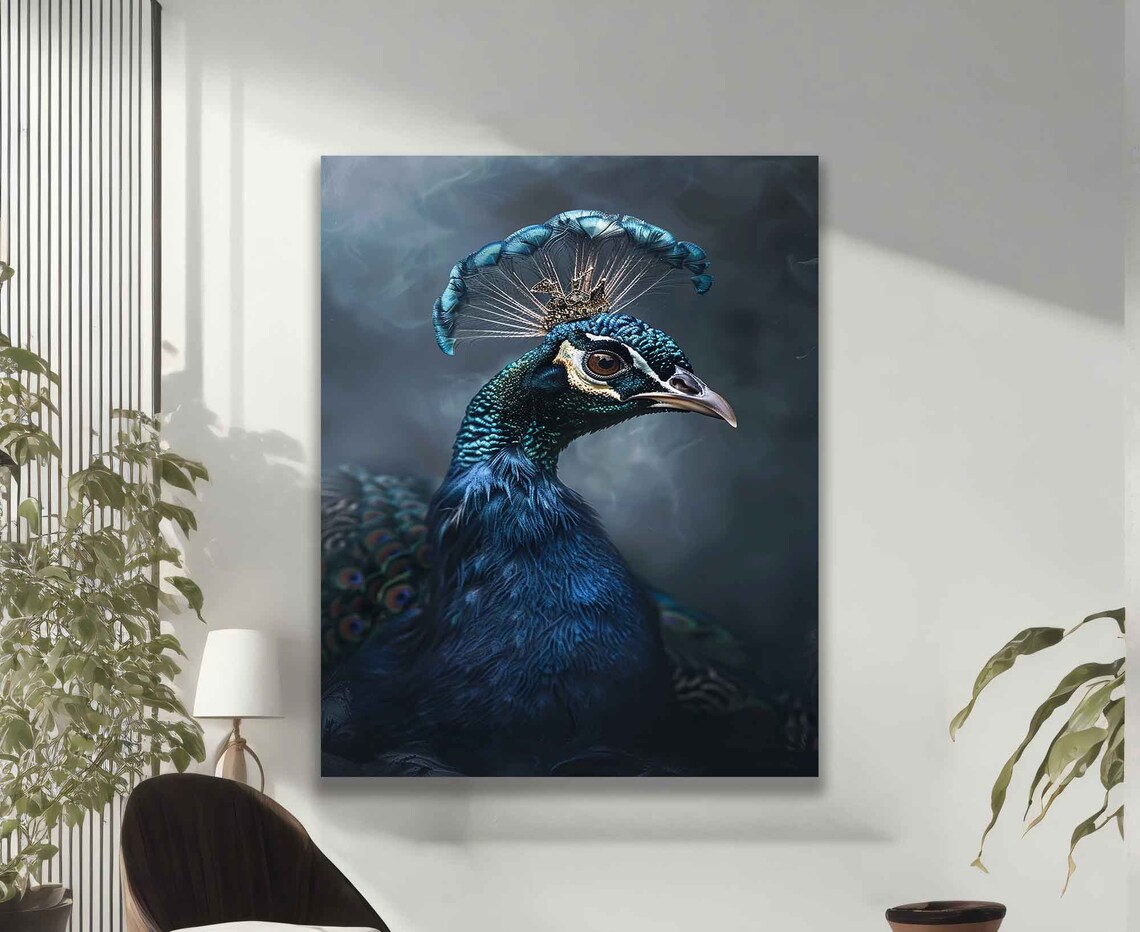 Peacock With Crown, Dark Gray Background Art Print - Image 2