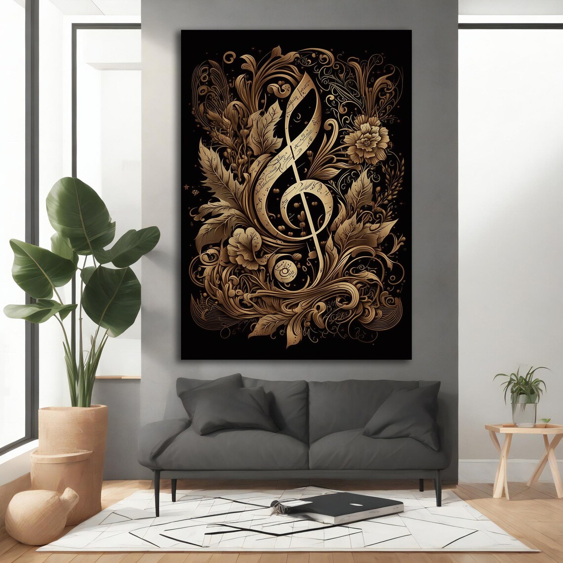 Golden Treble Clef Floral Black Ornate Musical Elegant Musician Wall Art Poster - Image 4